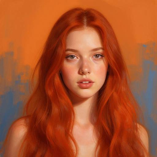 Digital portrait of a young woman with long, wavy red hair, fair skin, and blue eyes, set against a vibrant orange and blue background.