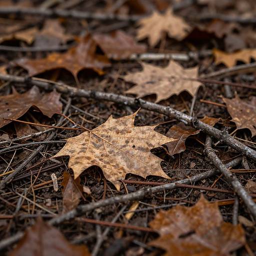 Photograph of brown, dry autumn leaves scattered on dark, moist forest floor with thin, gray branches and pine needles in background.