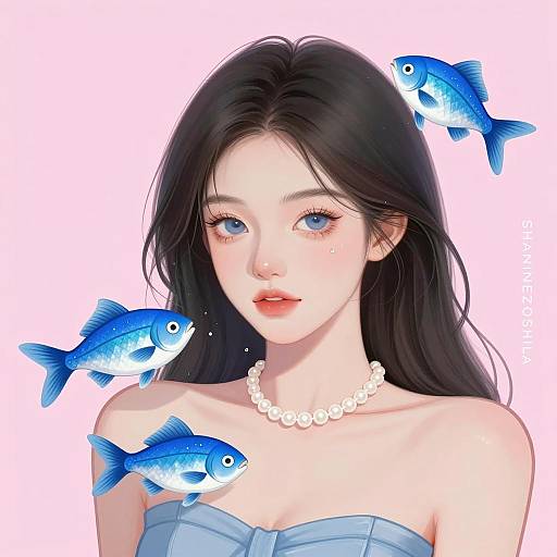 Digital Illustration of Asian Woman with Blue Fish