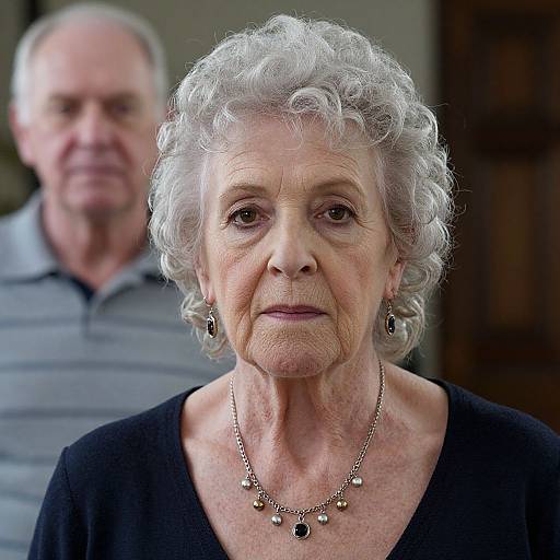 Photograph of an elderly woman with curly gray hair, wearing a black top and gold necklace, standing in front of a blurred older man in a gray