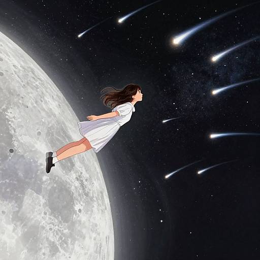 Digital anime illustration of a girl in a white dress standing on Earth, gazing at a starry night sky with shooting stars.