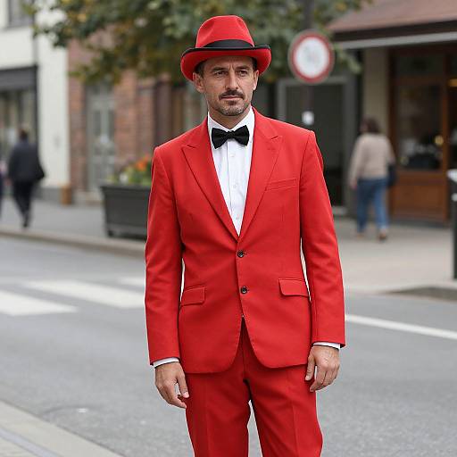 Photograph of a middle-aged man with a mustache wearing a bright red suit, black bow tie, white shirt, and red hat, standing on