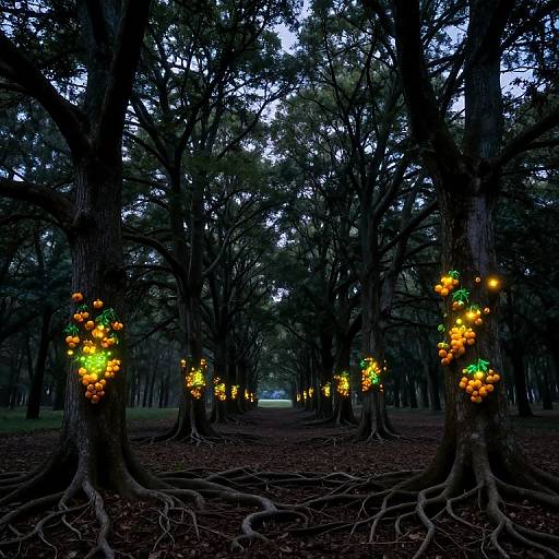 Photograph of a dark forest at dusk with tall, shadowy trees adorned with glowing, orange and yellow lanterns, illuminating the path.