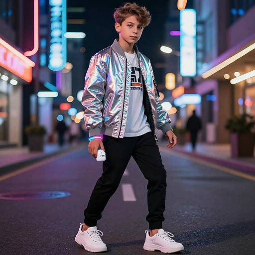Photograph of a young man with tousled hair, wearing a silver metallic jacket, white tee, black pants, and white sneakers, walking at night