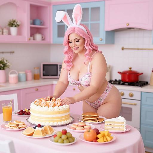 Pink-haired woman in bunny ears and floral lingerie, baking cake in pastel kitchen, surrounded by fruit, pancakes, and juice. Digital art.