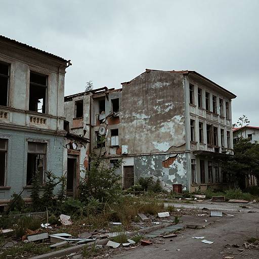 Photograph of a dilapidated, two-story building with peeling blue and white paint, broken windows, overgrown vegetation, and scattered debris on
