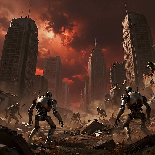 Digital art of a post-apocalyptic cityscape with red sky, towering skyscrapers, and robotic soldiers battling monstrous creatures amidst rubble.