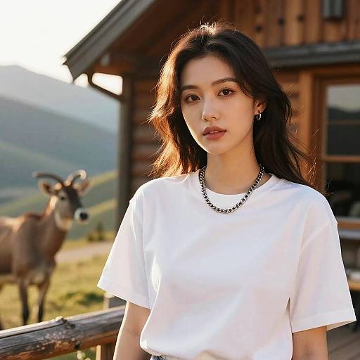 Photograph of an Asian woman with long black hair, wearing a white t-shirt and black necklace, standing outdoors in front of a wooden cabin with a
