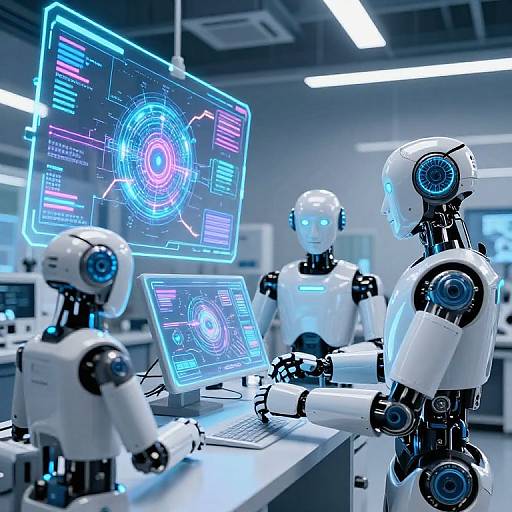 Photograph of three white, futuristic robotic humans in a high-tech lab, working on glowing blue and pink holographic screens.