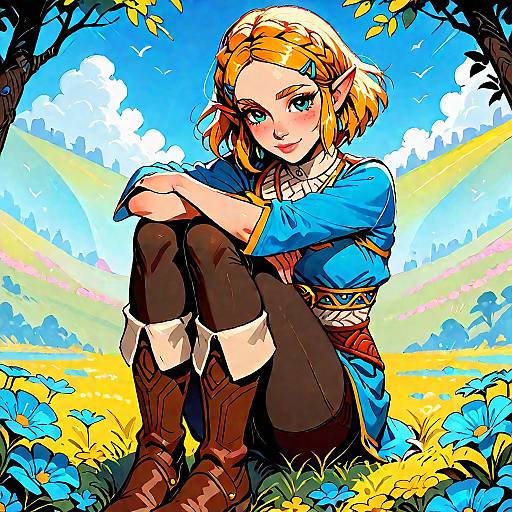 Digital anime-style drawing of a blonde, blue-eyed elf girl with pointed ears, sitting in a vibrant field of yellow flowers, wearing a blue dress,