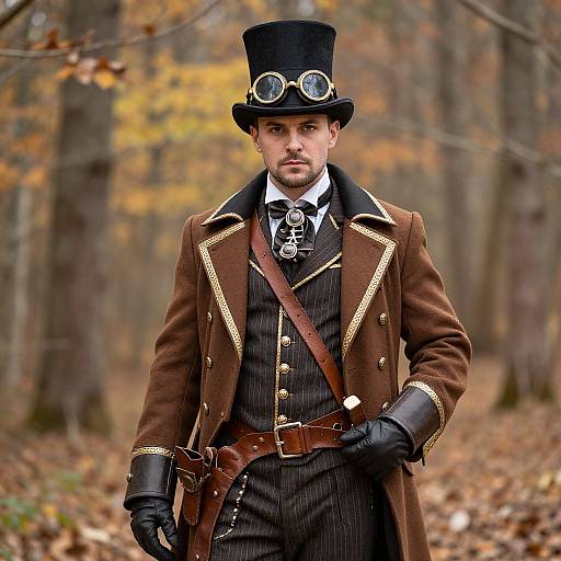 Photograph of a man in Victorian steampunk attire, wearing a black top hat with goggles, brown coat, pinstripe suit, black gloves