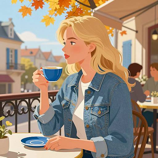 Autumn Café Scene with Thoughtful Woman