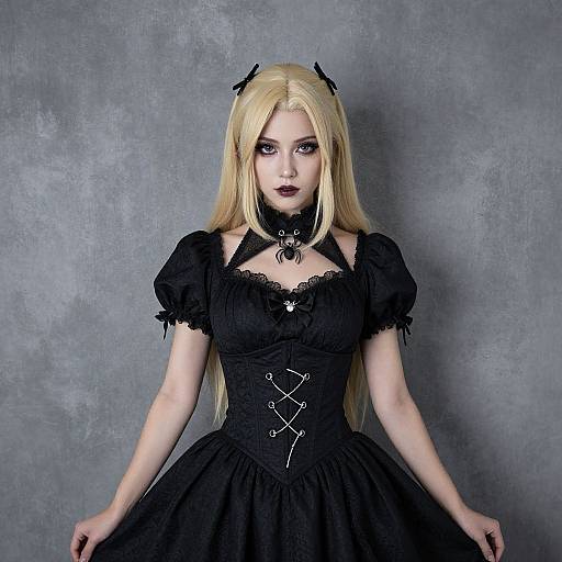 Photograph of a pale-skinned blonde woman with long hair, black gothic dress, lace trim, and black choker, standing against a gray