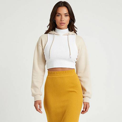 Photograph of a woman with medium brown skin and long black hair, wearing a white cropped hoodie, beige sleeves, and a high-waisted yellow