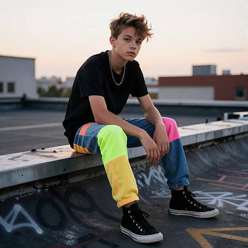 Neon Patchwork Punk on Rooftop Dusk