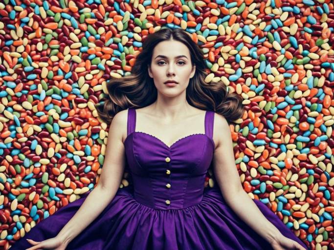 Woman in Purple Dress Surrounded by Jelly Beans
