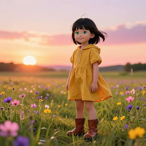 CGI image of a cute anime-style girl with green eyes, black hair, yellow dress, brown boots, standing in a colorful meadow at sunset