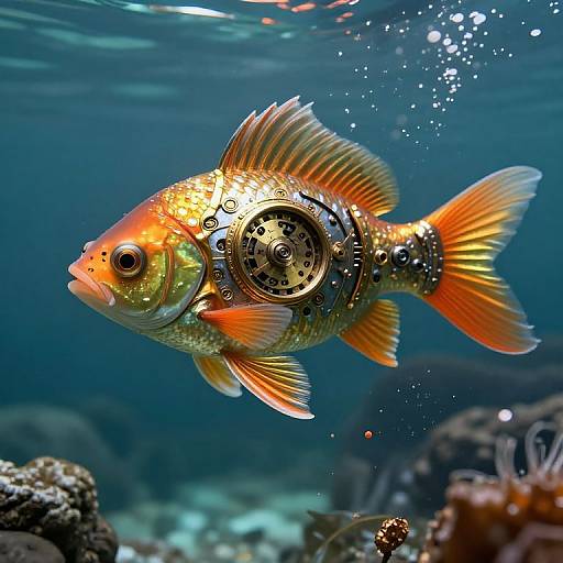 Photograph of a vibrant, metallic goldfish with orange and yellow scales, adorned with a circular, black-and-silver mechanical device, swimming underwater amidst