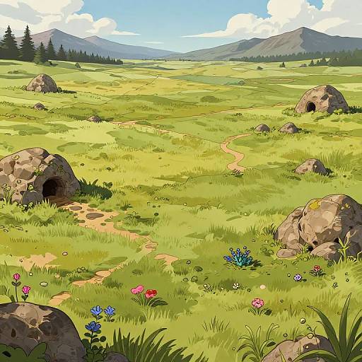 Digital illustration of a vibrant, sunlit meadow with a winding dirt path, rocky outcrops, colorful wildflowers, and distant mountains under a