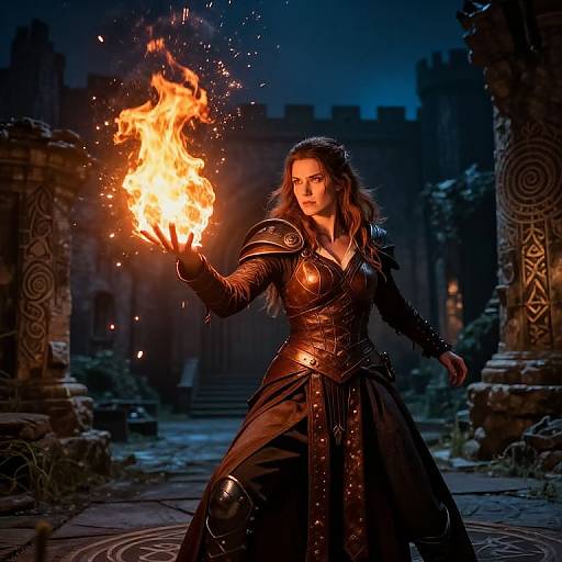 Lady Wizard Casting Fireball in Ruins