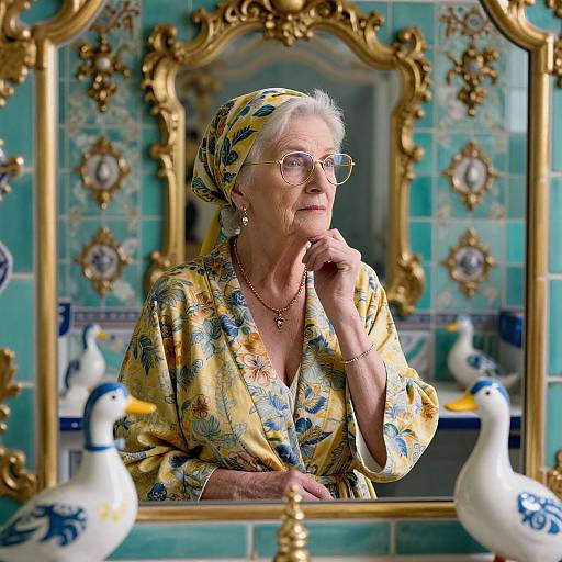 Photograph of an elderly woman with white hair, wearing a yellow floral robe and glasses, reflected in an ornate gold-framed mirror, surrounded by