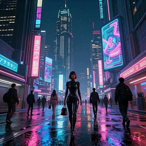 Neon-lit, rainy, cyberpunk city street at night; a woman in a tight, black, latex outfit walks confidently, surrounded by colorful