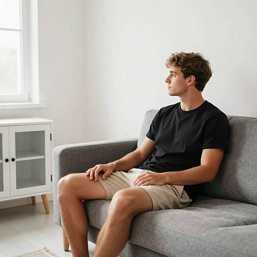 Young man with short brown hair, wearing black t-shirt and beige shorts, sits on gray sofa, looking to the side, in bright, white room