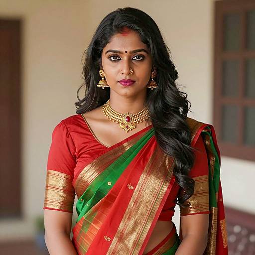 Indian Woman in Traditional Red and Green Saree