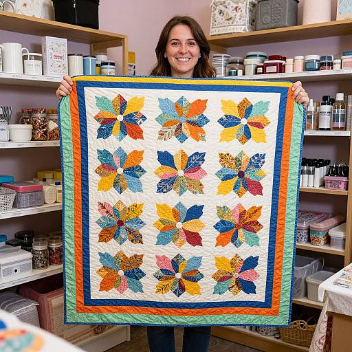 Woman Showcasing Vibrant Geometric Quilt