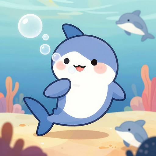Cute digital drawing of a blue and white cartoon shark with blushing cheeks, bubbles, and two smaller sharks in a colorful underwater scene with coral and
