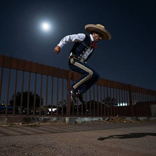 Photograph of a male dancer in a white shirt, black vest, blue pants, and straw hat, mid-jump against a moonlit night with