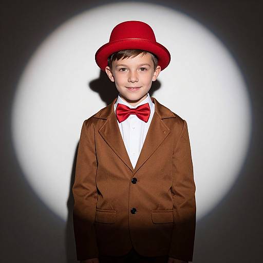 Photograph of a young boy in a brown suit, red bow tie, and red hat, standing against a white circular spotlight.