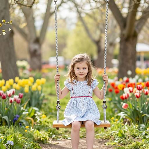 Photograph of a young girl with light brown hair, wearing a blue floral dress, sitting on a wooden swing in a vibrant spring garden with colorful tul