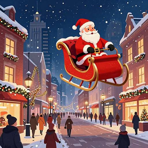 Santa Sleigh Over Festive Cityscape
