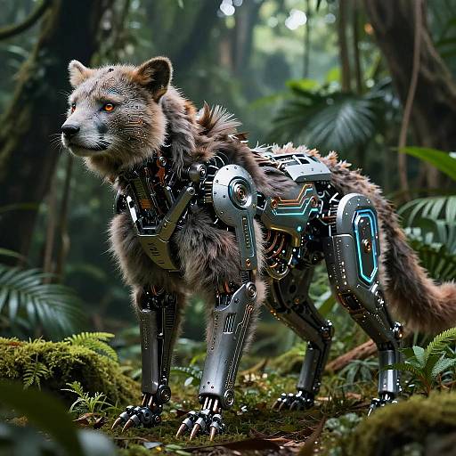 Photorealistic digital art of a cybernetic wolf with metallic limbs and glowing blue accents, standing in a lush, green forest.