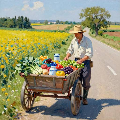 Photograph of a farmer in a straw hat, wearing a white shirt and brown pants, selling colorful vegetables from a wooden cart on a sunny rural road