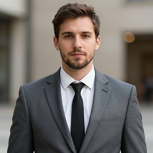 Photograph of a handsome, young man with dark brown hair and beard, wearing a gray suit, white shirt, and black tie, standing outdoors with