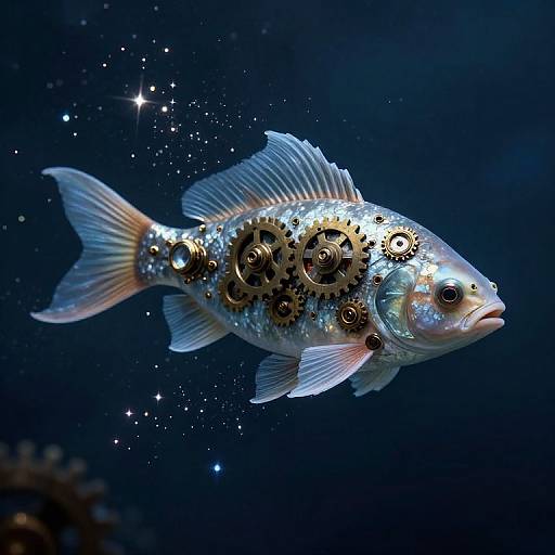 Photograph of a glowing, metallic fish with gears embedded in its body, floating in a dark blue underwater scene dotted with stars.