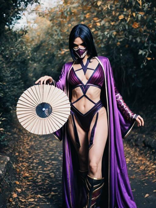 Woman Cosplaying as Mileena in Purple Robe