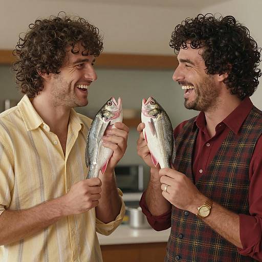Two Men Laughing Holding Raw Fish