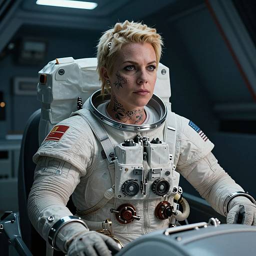 Stoic Blonde Tattooed Female Astronaut