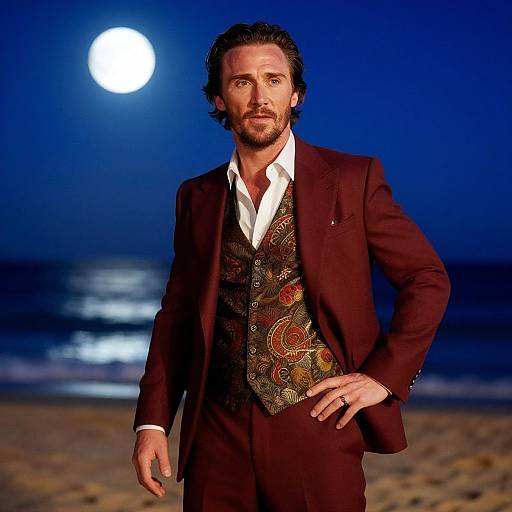 Photograph of a handsome, bearded man in a dark red suit with a paisley vest, standing on a moonlit beach, hand on hip