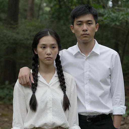Serious East Asian Couple in Forest