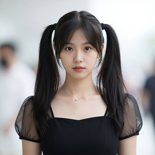 Photograph of an East Asian woman with black pigtails, wearing a sheer black top, neutral expression, soft white background, blurred people behind.