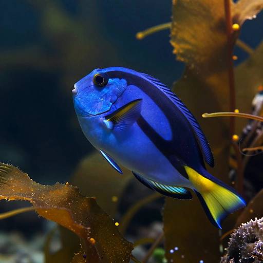 Photograph of a vibrant blue and yellow fish with black stripes, surrounded by brown seaweed, in a dark underwater environment.