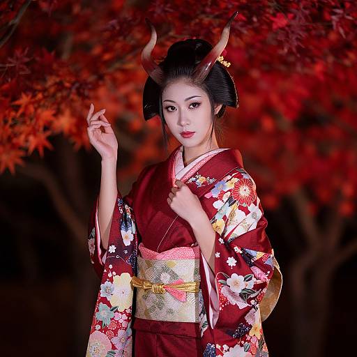 Photorealistic Geisha Tiefling in Maple Forest