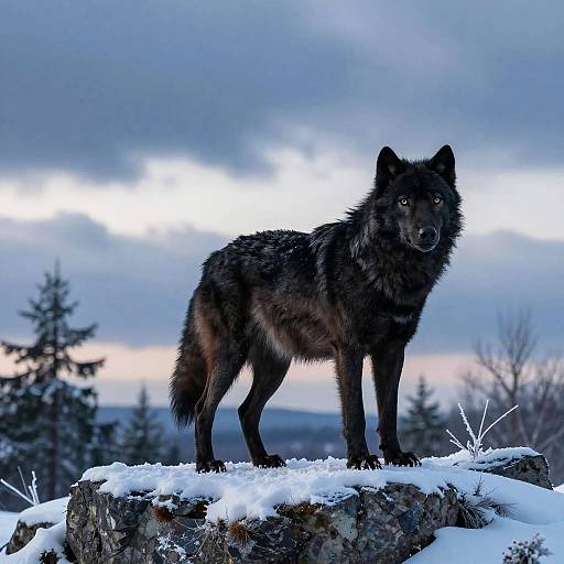 Photograph of a black wolf standing on a snowy rock, with a dramatic cloudy sky and evergreen trees in the background.