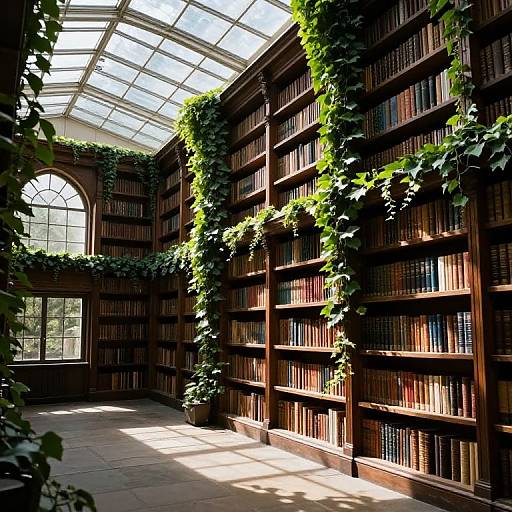 Sunlit Ivy-Covered Library Interior