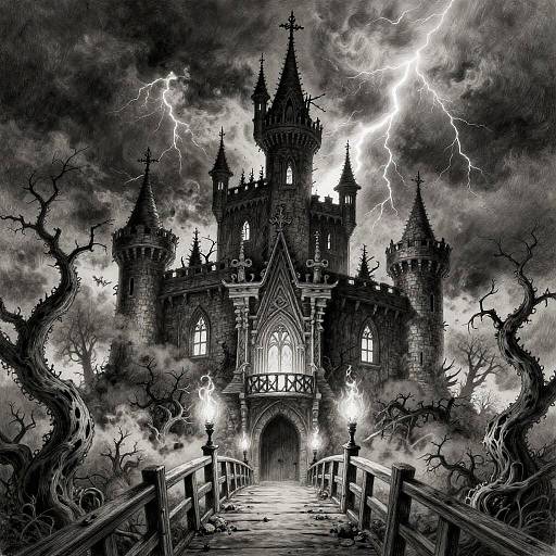 Spooky Castle in Stormy Night
