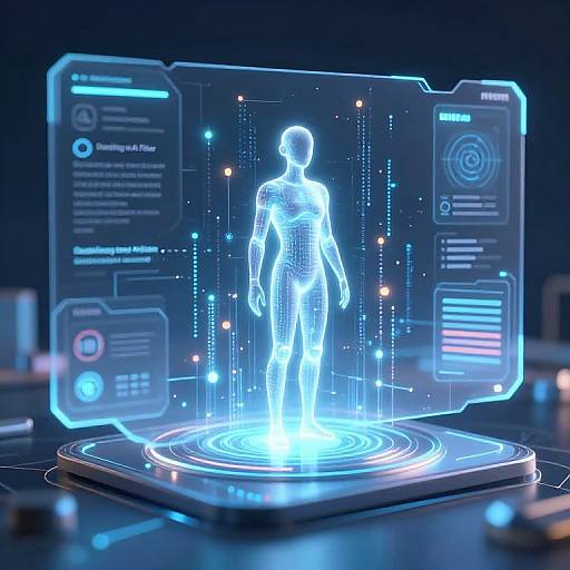 Digital CGI of a glowing, neon-blue, wireframe human figure standing on a futuristic holographic platform with cybernetic interface screens.